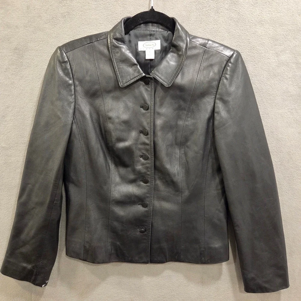 Talbots Black Leather Button Front Blazer Jacket Women's Size 6P Office Classic